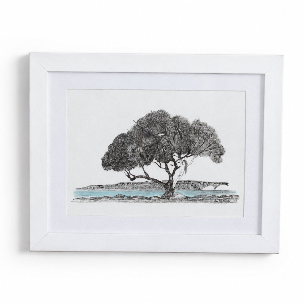 A framed original featuring a detailed black ink sketch of a tree on a white background with a light blue watercolour landscape, housed in a white frame